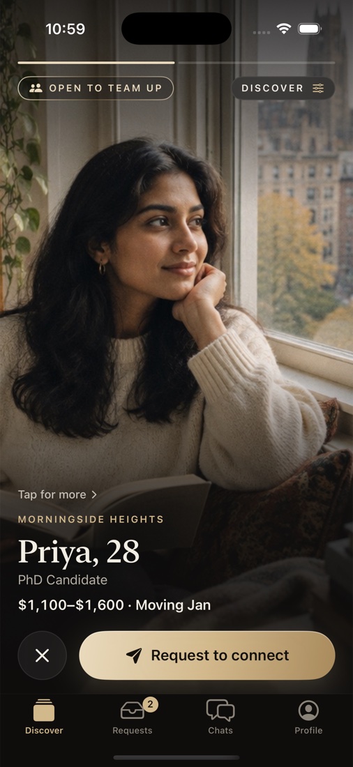 A full-screen Cohab member card in Discover.